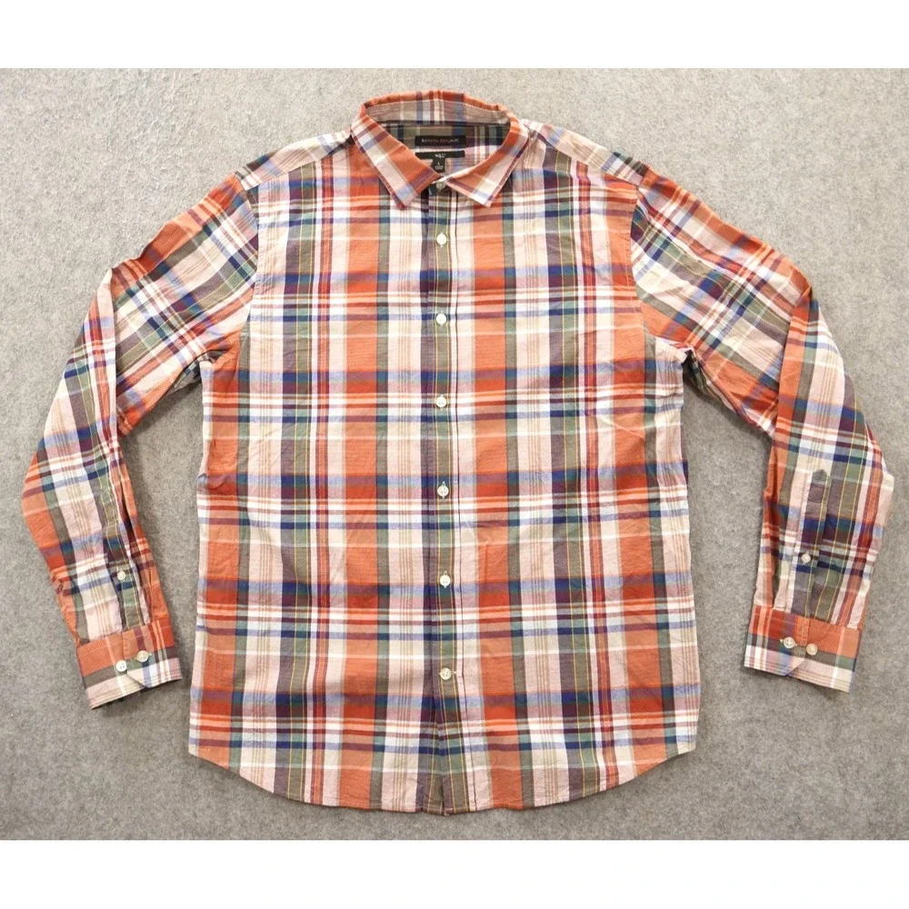 Banana Republic Shirt Mens Large Orange Blue Plaid Slim Fit Long Sleeve